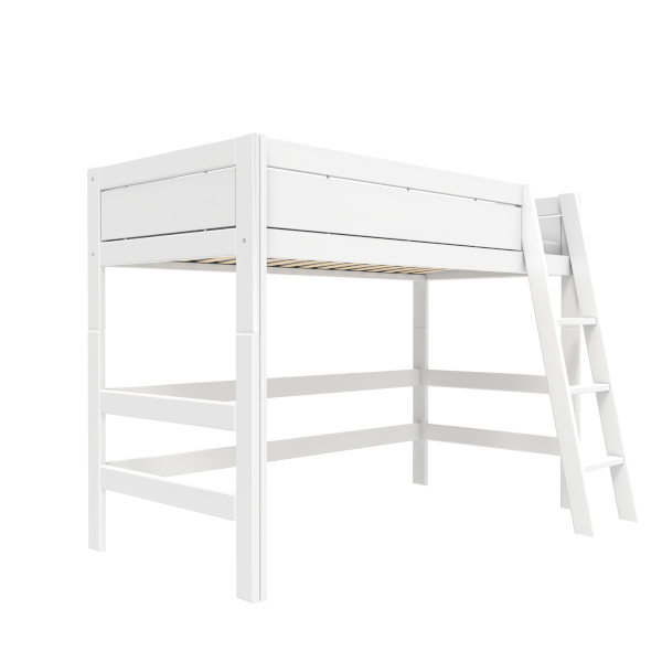 Low loft bed with slanted ladder