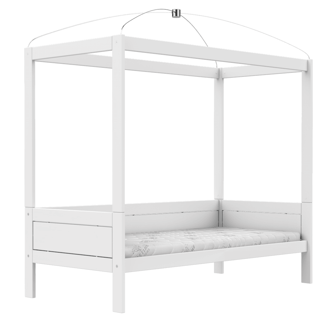 LIFETIME Kidsrooms white canopy bed frame for children – minimalist and modular design, ideal for personalizing with textiles and accessories