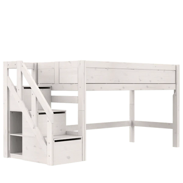 LIFETIME Kidsrooms Bed Whitewash / Standard (16) Mid Sleeper Bed with Staircase, 128 cm